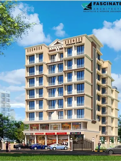 The architectural visualization for "Pranam Home," a completed residential building in Dronagiri. This project, comprising 49 flats and 6 shops, features a clean and functional design with a vertical service core element breaking the facade's symmetry.