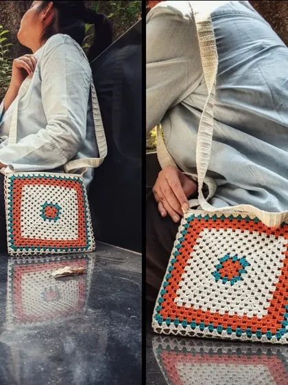 Our retro-inspired granny square sling bag is perfect for when you need something small and stylish. The vibrant color combination makes it a fun accessory for a casual outing or a coffee date.