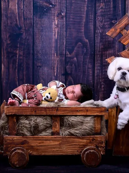 A unique newborn portrait featuring the family dog gently watching over the baby. I love including furry family members in my sessions.