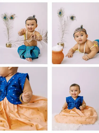 A collage showcasing the different outfits and poses from the Janmashtami shoot, a unique and beautiful celebration.