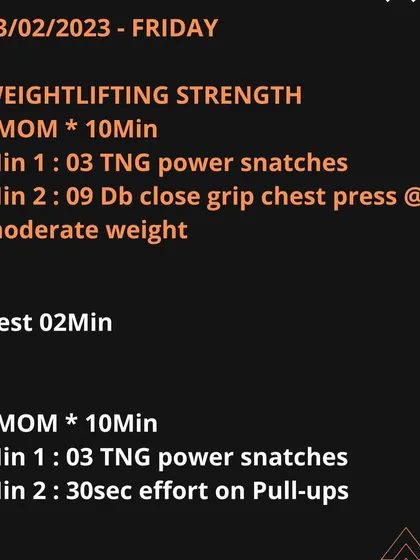 Here's the breakdown for a Friday weightlifting session. We mix Olympic lifts like the power snatch with accessory work like chest presses and pull-ups to create a comprehensive strength day.