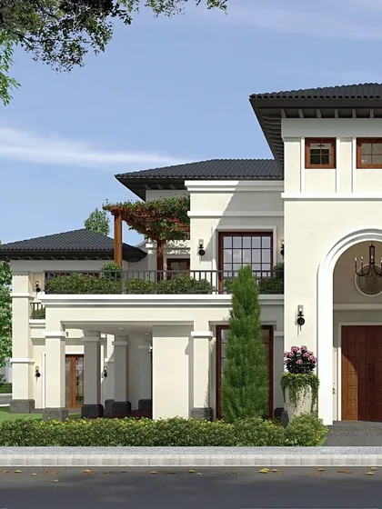 The front entrance of the upcoming classical villa, designed with a grand archway and balanced proportions to create a stately and welcoming first impression.
