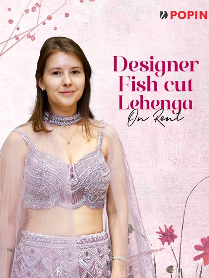A graphic showcasing a designer fish-cut lehenga on rent, perfect for clients who want a modern, runway-inspired look.