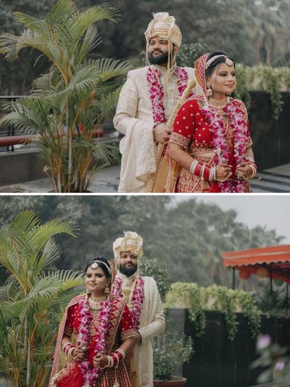A diptych of the couple, posing amidst greenery, capturing their regal wedding day look.