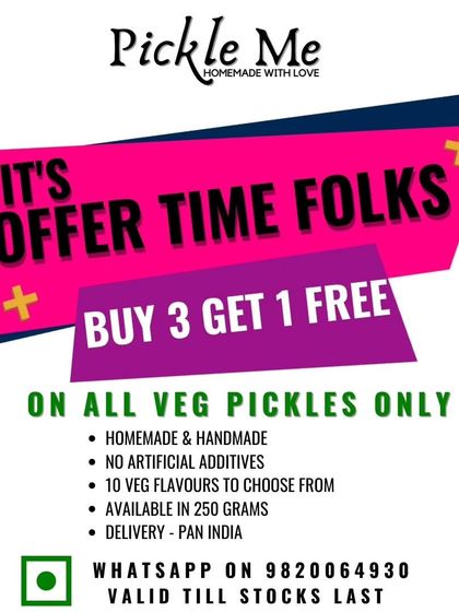 It's offer time, folks. We are running a 'Buy 3 Get 1 Free' deal on all our 10 delicious vegetarian pickle flavours. Time to stock up your pantry.