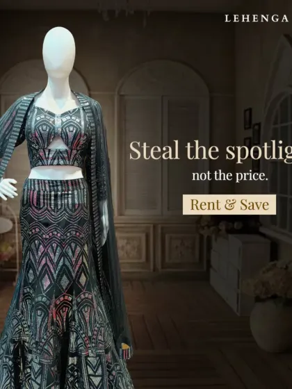 Steal the spotlight, not the price. This black and silver geometric-patterned lehenga is a bold and modern statement piece from our rental collection.