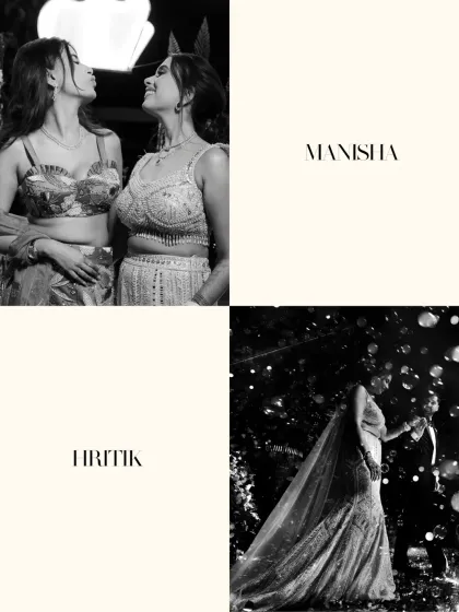 A stylish collage from a Sangeet night, featuring portraits of the couple and a heartwarming shot of the bride with her mother.