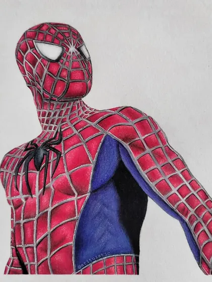 My finished colored pencil illustration of Spider-Man. I spent over 12 hours getting the texture of the suit and the dramatic lighting just right to bring this iconic hero to life on paper.