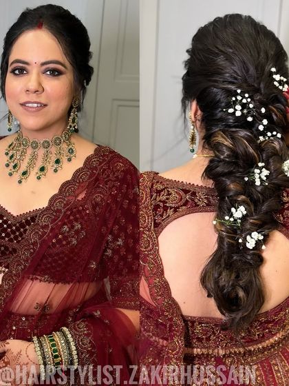 A collage showing a messy, textured fishtail braid from the front and back. The addition of baby's breath gives it a soft, ethereal quality, perfect for a modern bride.