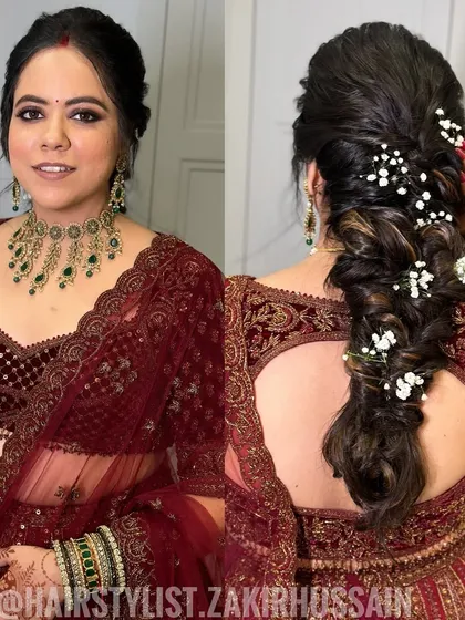 A collage showing a messy, textured fishtail braid from the front and back. The addition of baby's breath gives it a soft, ethereal quality, perfect for a modern bride.
