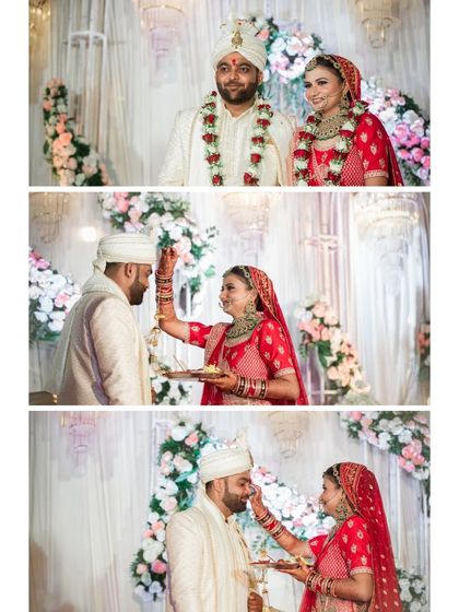 A sequence of images showing the bride and groom performing wedding rituals on stage. I discreetly capture these significant traditions with a focus on the couple's interaction.