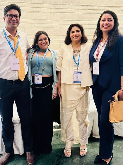 Our team of doctors, Dr. Vivek Kumar, Dr. Itishree Gupta, Dr. Hema Pant, and Dr. Kritika Pandey, at the Aesthetics Delhi conference. We are proud to have a team of both dermatologists and plastic surgeons.