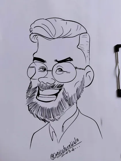 A great caricature of a smiling man with a beard and glasses. This is a classic, fun portrait.