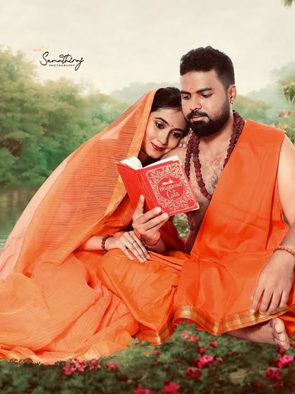 The full-color version of the Ram-Sita inspired shoot, showing the couple reading together by the water. The vibrant orange attire and lush green background bring the mythological scene to life.