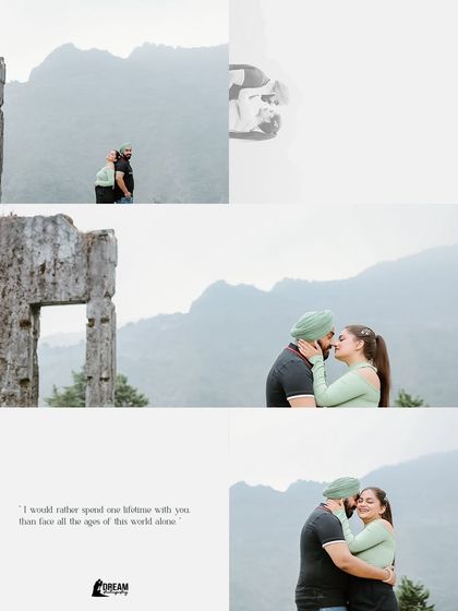 A collage of intimate moments against the mountain backdrop, paired with a romantic quote, perfectly summarizing a love story set in the hills.