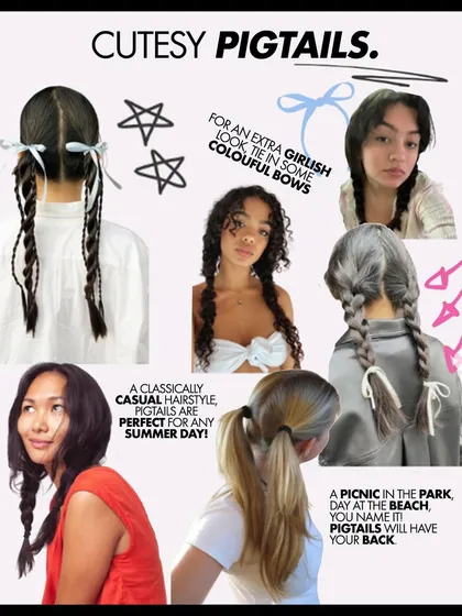 Cutesy pigtails are a classically casual hairstyle perfect for any summer day, from a picnic in the park to a day at the beach. Add some colourful bows for an extra girlish look.