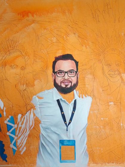 A 24" x 24" group portrait in its early stages. I've started painting the central figure while the others are still outlined in pencil on the orange background.