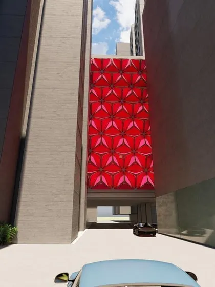 This facade experiment explores a vibrant red geometric pattern. These ideation studies are crucial for pushing the boundaries of conventional design and discovering unique architectural expressions for our projects.