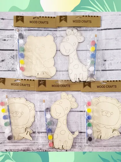 Here are the individual woodcraft art kits, featuring a tiger, giraffe, and lion. Each kit comes with paints and a brush for a fun, creative activity.