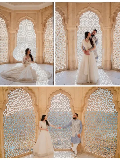 This collage captures the timeless elegance of a pre-wedding shoot within the famous jharokhas of Amer Fort. We used the natural light filtering through the intricate lattice work to create these soft, romantic portraits for Amrit and Gagan, showcasing both grand architecture and intimate moments.