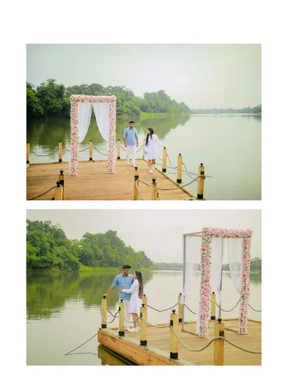 A two-part image showing the scale and beauty of the lakeside proposal setup. The serene water and lush greenery create a picturesque backdrop.