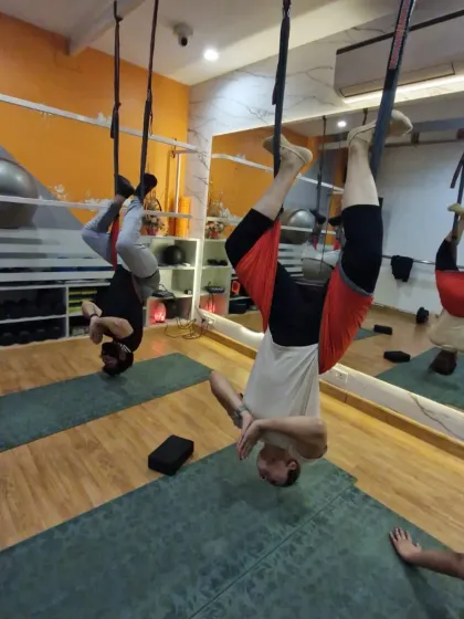 Getting a new perspective on fitness. This inverted aerial pose is not only a great core workout but also helps to relieve pressure on the spine and improve blood flow.