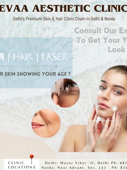 Is your skin showing your age? This graphic invites you to consult our experts for skin, hair, and laser treatments designed to restore a youthful look.