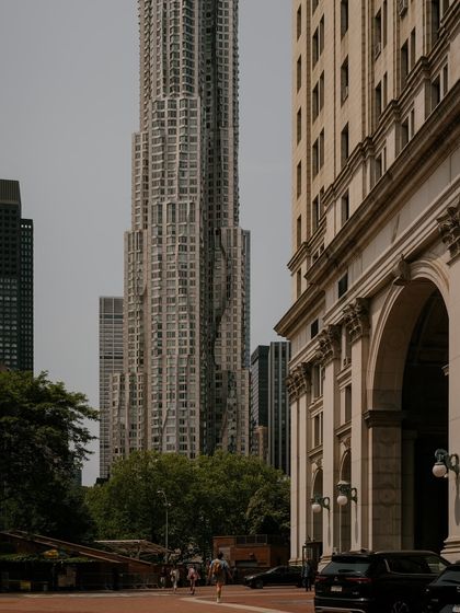 A view of the "New York by Gehry" skyscraper at 8 Spruce Street. Its deconstructed, wavy facade makes it one of the most unique buildings in the downtown skyline.