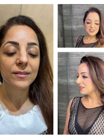 A natural and fresh makeover. This collage shows the before, the process, and the final result of a soft glam look with beautiful side-swept waves.