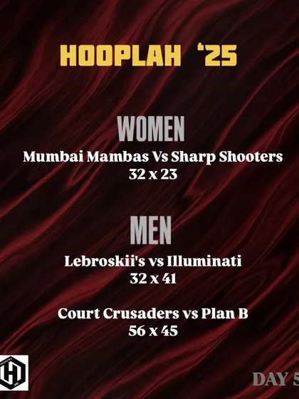 The final results from Day 5 of Hooplah '25, with wins for the Mumbai Mambas, Illuminati, and Court Crusaders.