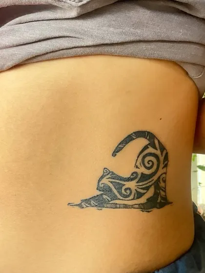 A healed and settled shot of the 'Masala Catto' tattoo on a client's side. The design uses my 'Masala Flow' style, which is inspired by tribal art, to create a stretching cat with bold, black, flowing lines.
