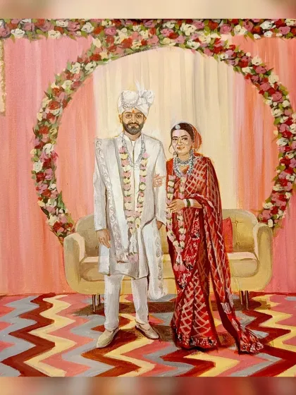 A live painting from a lovely wedding in Civil Lines, New Delhi. The circular floral arch and cozy sofa created a modern and intimate setting for this portrait.