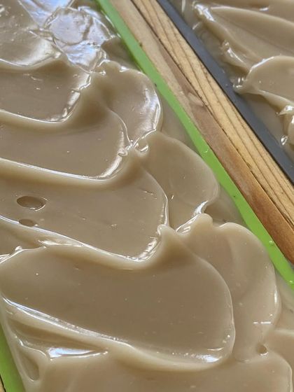 A close-up of a textured soap top. We make our bars with simple, wholesome ingredients that are gentle on your skin and good for the planet.