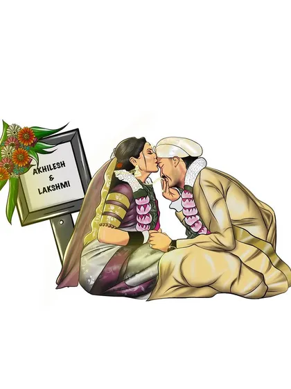Capturing a tender moment from a wedding day. This custom illustration was part of a larger group artwork, focusing on the newly married couple's happy memory.