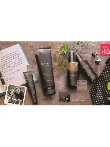 A Father's Day themed flat lay for the NovAge Men skincare set. The composition includes masculine props like a tie, cufflinks, and a handwritten note to create a personal, gift-oriented narrative.