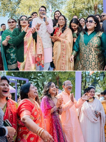 A collage of guests singing and dancing with full hearts, capturing the collective joy of a Mehendi function.