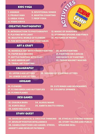 The complete list of over 35 activities offered at our summer camp. This detailed breakdown shows the depth and variety of our curriculum, from seven types of yoga practices to a dozen different art and craft projects.