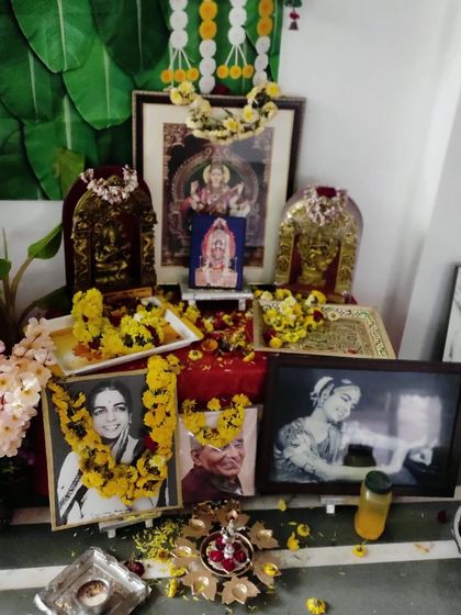 Our guru parampara altar, decorated for Vijayadashami.