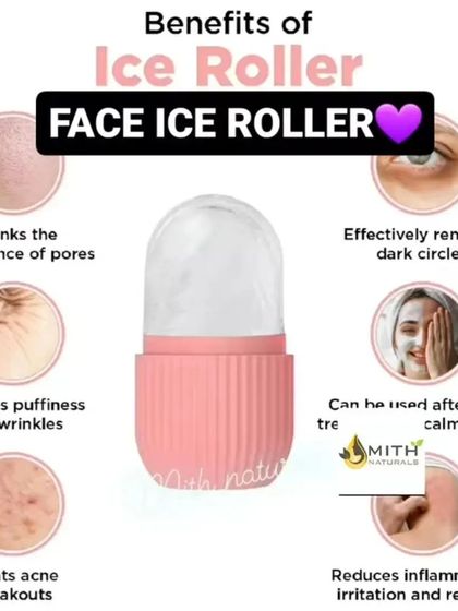 A close-up of the pink Face Ice Roller, highlighting its benefits like removing dark circles, reducing puffiness, and calming irritation and redness.