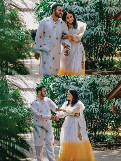 A collage of the couple's Haldi portraits. Dressed in coordinated white and yellow outfits, they look happy and relaxed as they walk through the gardens, ready for the fun to begin.