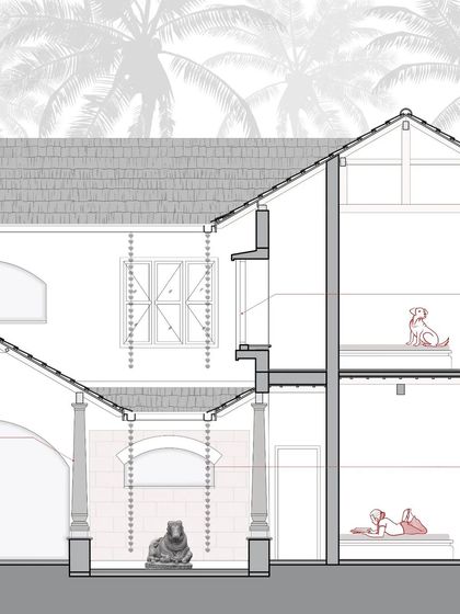 This cross-section of the Basavanagudi house shows how the central courtyard ('totti') brings light and air into the core of the building. The design ensures connectivity between floors while maintaining a sense of openness.