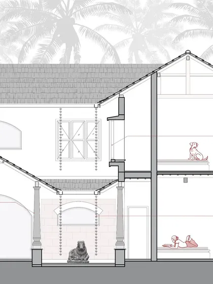 This cross-section of the Basavanagudi house shows how the central courtyard ('totti') brings light and air into the core of the building. The design ensures connectivity between floors while maintaining a sense of openness.