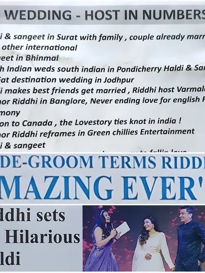 A clipping that lists some of the diverse weddings I've hosted, from Surat to Jodhpur, and a client testimonial calling me 'Amazing Ever'.