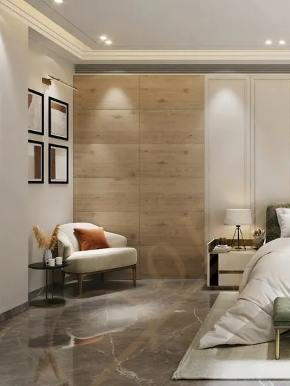 A simple yet sophisticated bedroom design, featuring a wood-paneled wall, a comfortable seating nook, and a calm, neutral color scheme.