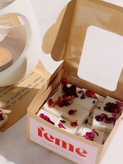 Our rose petal wax melts in their eco-friendly box, ready to be gifted or enjoyed.