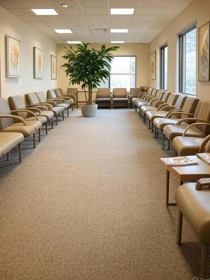 A simple and practical design for a large waiting room, with rows of chairs providing ample seating. This layout is suitable for high-traffic clinics or public service offices.