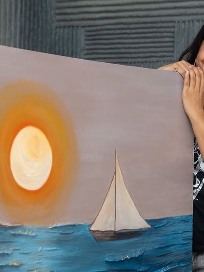 A close-up with the serene part of the "Golden Tides" painting, featuring the calm sea, the sailboat, and the warm sun.