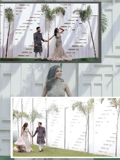 A modern and architectural pre-wedding shot. The clean lines and palm trees create a chic, contemporary backdrop for this stylish couple.