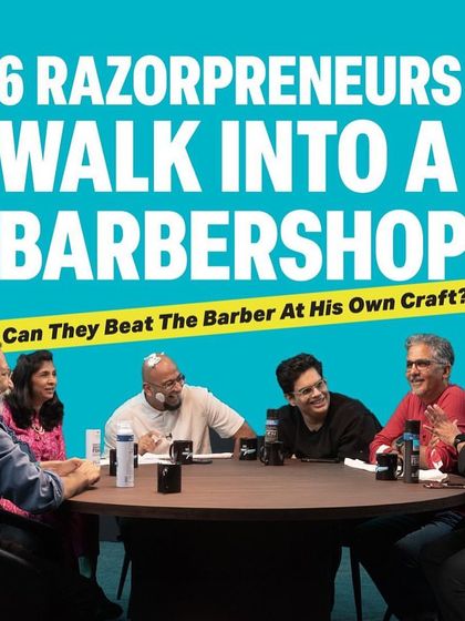 The promotional graphic for the "6 Razorpreneurs Walk into a Barbershop" roundtable, featuring all the industry leaders, filmed at our studio.
