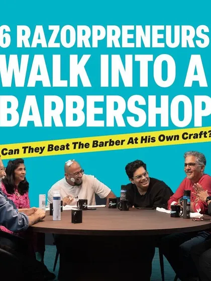 The promotional graphic for the "6 Razorpreneurs Walk into a Barbershop" roundtable, featuring all the industry leaders, filmed at our studio.